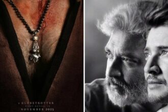 एसएस राजामौली, महेश बाबू और प्रियंका चोपड़ा के साथ ‘ग्लोबट्रॉटर’ फिल्म की घोषणा से जुड़ा प्रमोशनल फोटो; बैकग्राउंड में सिनेमैटिक पोस्टर स्टाइल ग्राफिक।