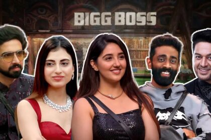 बिग बॉस 19 ग्रैंड फिनाले: टॉप कंटेस्टेंट्स मंच पर खड़े, चमकती लाइट्स, सलमान खान होस्ट करते हुए, शो का रोमांच और उत्साह अपने चरम पर।