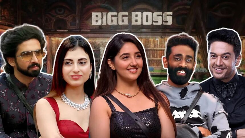 बिग बॉस 19 ग्रैंड फिनाले: टॉप कंटेस्टेंट्स मंच पर खड़े, चमकती लाइट्स, सलमान खान होस्ट करते हुए, शो का रोमांच और उत्साह अपने चरम पर।