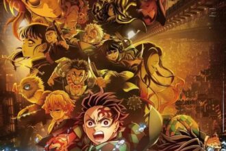 Demon Slayer: Infinity Castle फिल्म का पोस्टर – तंजीरो, नेज़ुको और मुख्य किरदार युद्ध मुद्रा में, चमकदार ऐनिमे विज़ुअल्स के साथ।