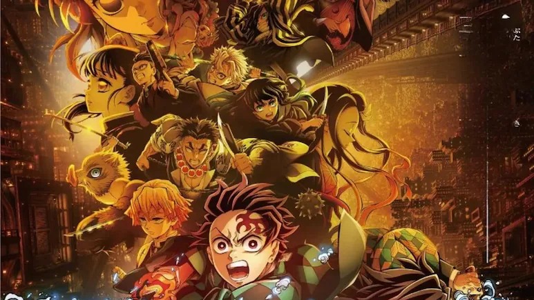 Demon Slayer: Infinity Castle फिल्म का पोस्टर – तंजीरो, नेज़ुको और मुख्य किरदार युद्ध मुद्रा में, चमकदार ऐनिमे विज़ुअल्स के साथ।