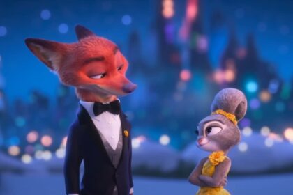 जूडी हॉप्स और निक वाइल्ड शहर की सड़कों पर चलते हुए, मुस्कुराते हुए और रोमांचक माहौल में।