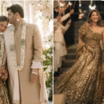 कस्तूरी वाघ ब्राउन-टोन लेहंगा में और विनीट हिंगोरानी इवोरी कुर्ता में शादी के समारोह में