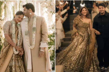 कस्तूरी वाघ ब्राउन-टोन लेहंगा में और विनीट हिंगोरानी इवोरी कुर्ता में शादी के समारोह में