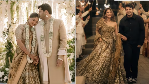 कस्तूरी वाघ ब्राउन-टोन लेहंगा में और विनीट हिंगोरानी इवोरी कुर्ता में शादी के समारोह में