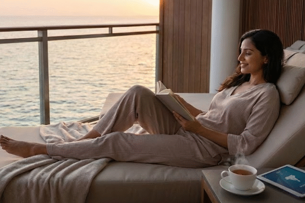 शांत पहाड़ी या समुद्र किनारे आराम करते आधुनिक यात्री, प्रकृति के बीच सुकून भरा अवकाश मनाते हुए