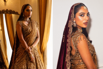 सोभिता धूलिपाला गोल्डन ब्राइडल लहंगे और गहरे लाल दुपट्टे में फोटोशूट के दौरान