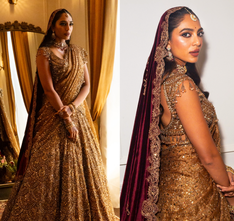 सोभिता धूलिपाला गोल्डन ब्राइडल लहंगे और गहरे लाल दुपट्टे में फोटोशूट के दौरान