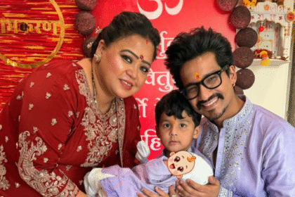 भारती सिंह और हर्ष लिम्बाचिया अपने बेटों लक्ष और यशवीर के साथ नामकरण समारोह में
