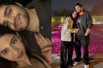 आयान अग्निहोत्री और उनकी मंगेतर टीना रिजवानी सगाई की तस्वीर में मुस्कुराते हुए