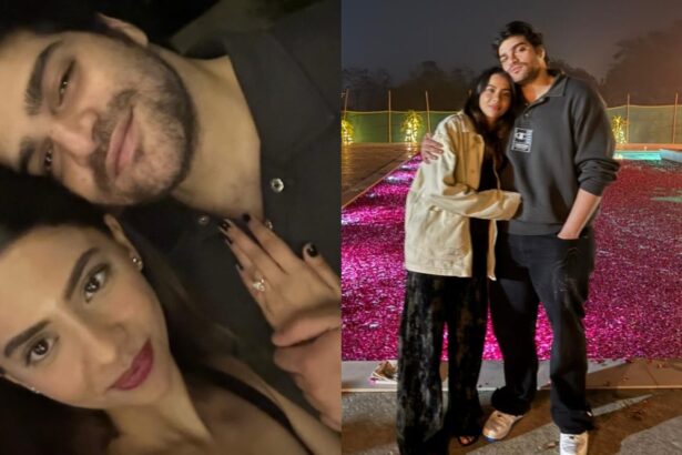 आयान अग्निहोत्री और उनकी मंगेतर टीना रिजवानी सगाई की तस्वीर में मुस्कुराते हुए