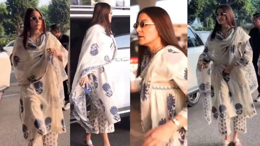 मुंबई एयरपोर्ट पर सफेद ब्लॉक प्रिंटेड सूट में सॉफ्ट फेस्टिव लुक में नजर आईं अनुष्का शर्मा