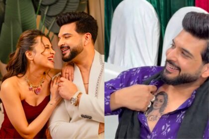 करण कुंद्रा अपने सीने पर बने तेजस्वी प्रकाश के चेहरे के टैटू को दिखाते हुए