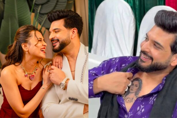 करण कुंद्रा अपने सीने पर बने तेजस्वी प्रकाश के चेहरे के टैटू को दिखाते हुए