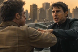 AI-generated rooftop fight scene featuring Brad Pitt and Tom Cruise in a hyper-realistic cinematic style created using Seedance 2.0.