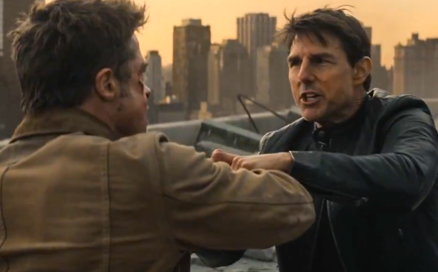 AI-generated rooftop fight scene featuring Brad Pitt and Tom Cruise in a hyper-realistic cinematic style created using Seedance 2.0.