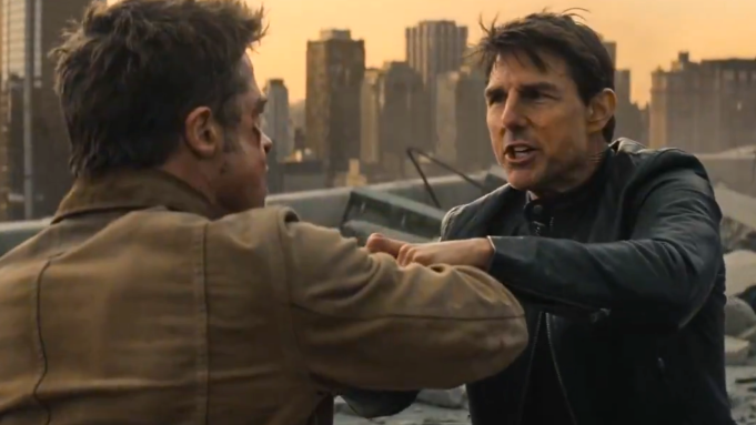 AI-generated rooftop fight scene featuring Brad Pitt and Tom Cruise in a hyper-realistic cinematic style created using Seedance 2.0.