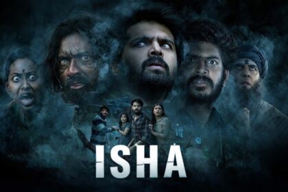 Eesha के पोस्टर में Hebah Patel, भारत में ओटीटी रिलीज की घोषणा के साथ फिल्म का डरावना माहौल दिखाते हुए।