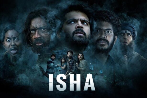 Eesha के पोस्टर में Hebah Patel, भारत में ओटीटी रिलीज की घोषणा के साथ फिल्म का डरावना माहौल दिखाते हुए।