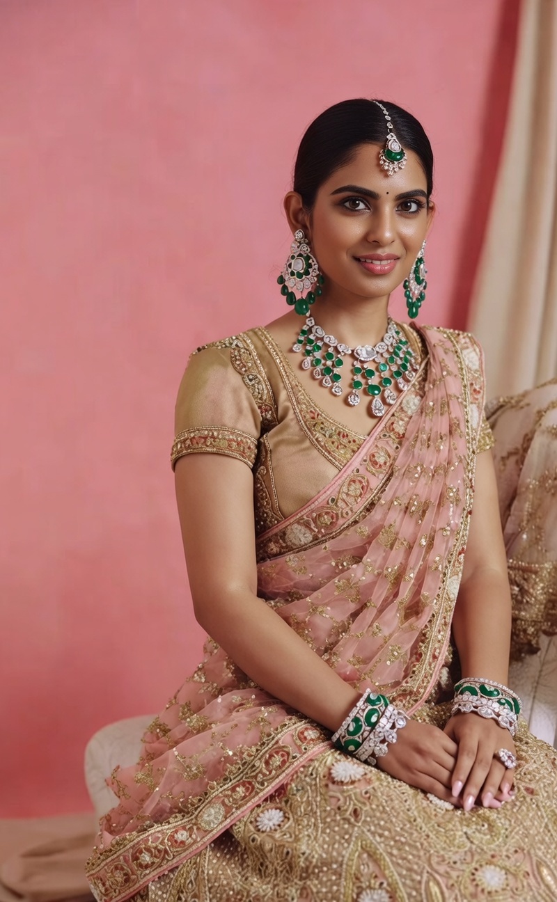 ईशा अंबानी गोल्डन जरदोजी लहंगे में हीरे-पन्ने की जूलरी पहने अपनी बेटी के साथ शादी समारोह में रॉयल अंदाज में नजर आती हुईं।