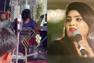 भोजपुरी सिंगर निशा उपाध्याय पुलिस अधिकारी से मिलकर एंकर के खिलाफ शिकायत दर्ज कराते हुए