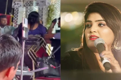 भोजपुरी सिंगर निशा उपाध्याय पुलिस अधिकारी से मिलकर एंकर के खिलाफ शिकायत दर्ज कराते हुए