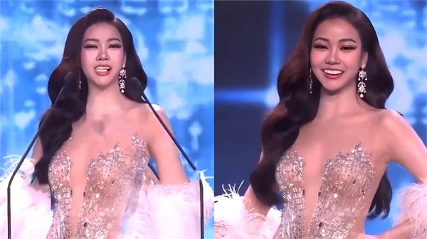 मिस ग्रैंड थाईलैंड 2026 के मंच पर रैंप वॉक करती मॉडल कमोलवन चानागो, बोलते समय नकली दांत ढीले होने के बावजूद आत्मविश्वास के साथ खुद को संभालती हुईं।