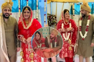 रैपर बादशाह और पंजाबी एक्ट्रेस ईशा रिखी शादी के दौरान वरमाला पहने हुए, परिवार के बीच सादगी भरे समारोह में मुस्कुराते नजर आ रहे हैं।