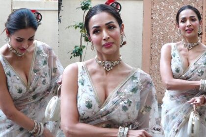 Malaika Arora wearing a pastel pink designer saree at the wedding reception of Kritika Kamra and Gaurav Kapoor in Mumbai, showcasing an elegant traditional look.