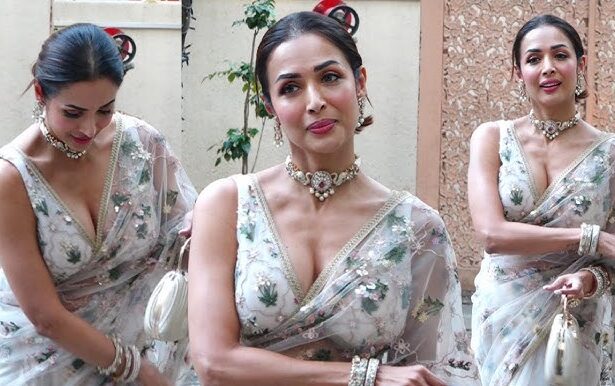 Malaika Arora wearing a pastel pink designer saree at the wedding reception of Kritika Kamra and Gaurav Kapoor in Mumbai, showcasing an elegant traditional look.