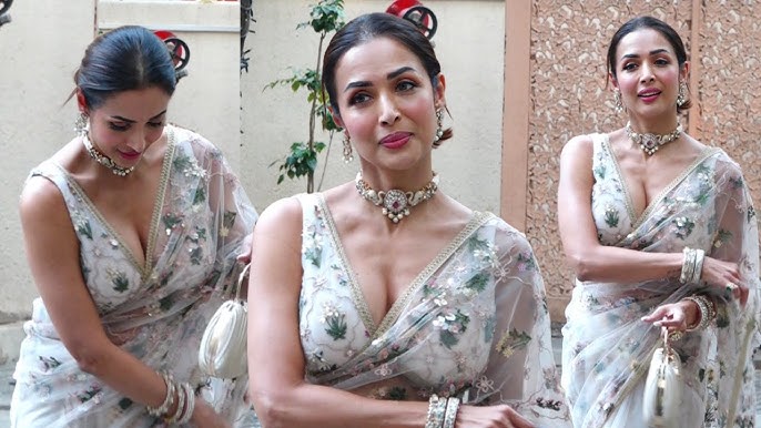 Malaika Arora wearing a pastel pink designer saree at the wedding reception of Kritika Kamra and Gaurav Kapoor in Mumbai, showcasing an elegant traditional look.