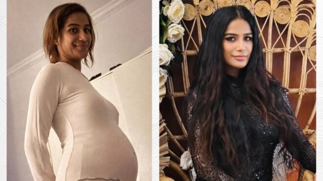पूनम पांडे बिना मेकअप के बेबी बंप फ्लॉन्ट करते हुए कैमरे के सामने पोज देती नजर आ रही हैं।