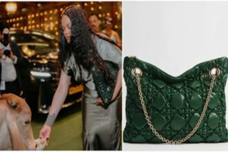 मुंबई में Rihanna गाय को चारा खिलाते हुए, हाथ में हरे रंग का Dior लग्जरी बैग लिए नजर आ रही हैं।