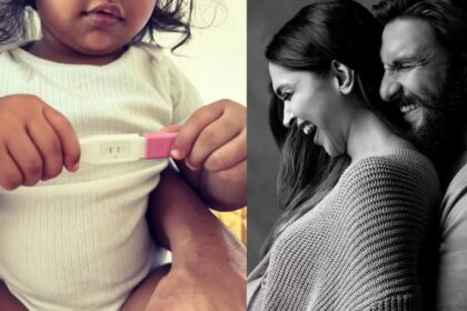 रणवीर सिंह अपनी बेटी दुआ को गोद में लिए हुए, दुआ के हाथ में प्रेग्नेंसी किट, दीपिका पादुकोण की दूसरी प्रेग्नेंसी की घोषणा वाली तस्वीर