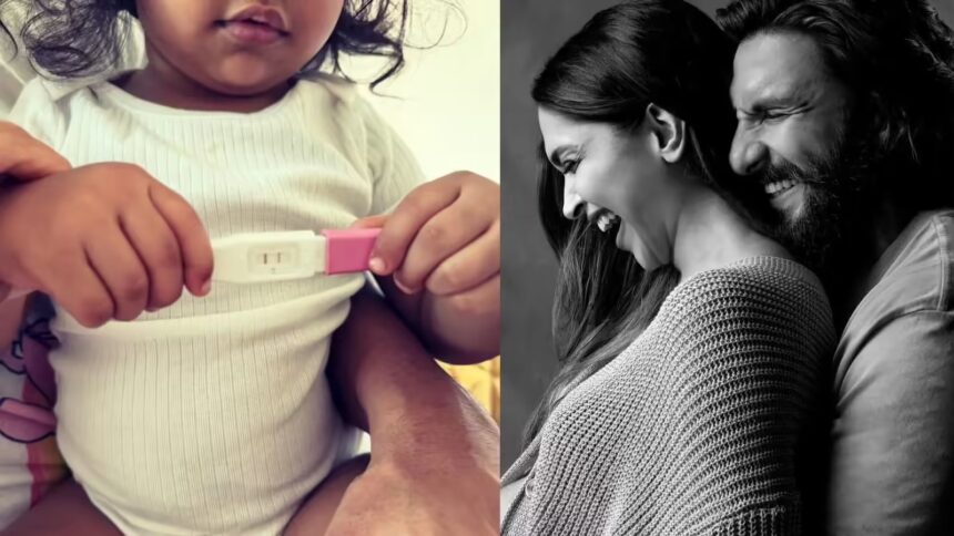 रणवीर सिंह अपनी बेटी दुआ को गोद में लिए हुए, दुआ के हाथ में प्रेग्नेंसी किट, दीपिका पादुकोण की दूसरी प्रेग्नेंसी की घोषणा वाली तस्वीर