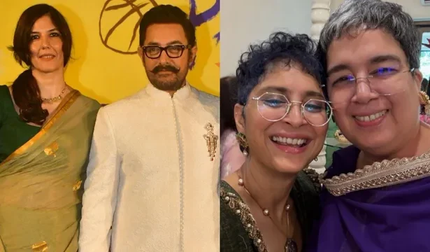 Aamir Khan अपनी गर्लफ्रेंड Gauri Spratt के साथ इवेंट में नजर आते हुए, दोनों साथ में मुस्कुराते हुए पोज दे रहे हैं।