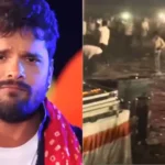 मुजफ्फरपुर के गरहां पशु मेले में खेसारी लाल यादव के कार्यक्रम के दौरान बेकाबू भीड़, टूटी बैरिकेडिंग और हालात संभालती पुलिस की तस्वीर।