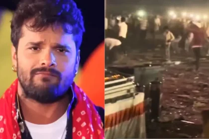 मुजफ्फरपुर के गरहां पशु मेले में खेसारी लाल यादव के कार्यक्रम के दौरान बेकाबू भीड़, टूटी बैरिकेडिंग और हालात संभालती पुलिस की तस्वीर।