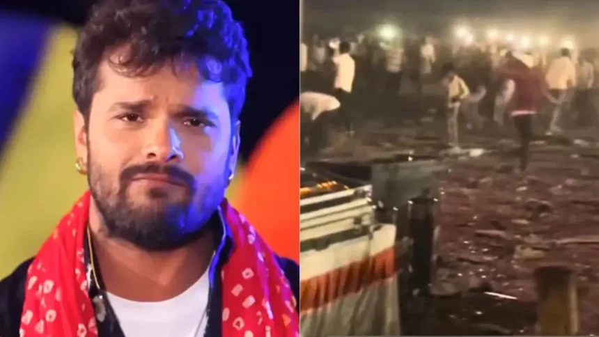 मुजफ्फरपुर के गरहां पशु मेले में खेसारी लाल यादव के कार्यक्रम के दौरान बेकाबू भीड़, टूटी बैरिकेडिंग और हालात संभालती पुलिस की तस्वीर।