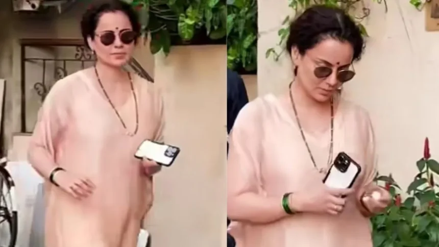 हल्के गुलाबी सूट, मंगलसूत्र और हरी चूड़ियों में नजर आ रहीं Kangana Ranaut, वायरल वीडियो के बाद शादी की अफवाहें तेज।