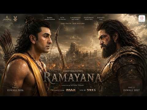 रामायण फिल्म के ट्रेलर पोस्टर में श्रीराम, माता सीता, हनुमान और रावण की प्रतीकात्मक झलक।
