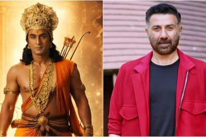 रामायण फिल्म के ट्रेलर से प्रेरित पोस्टर, जिसमें रणबीर कपूर भगवान राम, साई पल्लवी माता सीता, यश रावण के रूप में दिखाई दे रहे हैं, जबकि सनी देओल के हनुमान अवतार को रहस्य बनाकर रखा गया है।