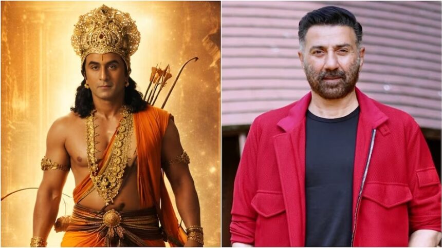 रामायण फिल्म के ट्रेलर से प्रेरित पोस्टर, जिसमें रणबीर कपूर भगवान राम, साई पल्लवी माता सीता, यश रावण के रूप में दिखाई दे रहे हैं, जबकि सनी देओल के हनुमान अवतार को रहस्य बनाकर रखा गया है।