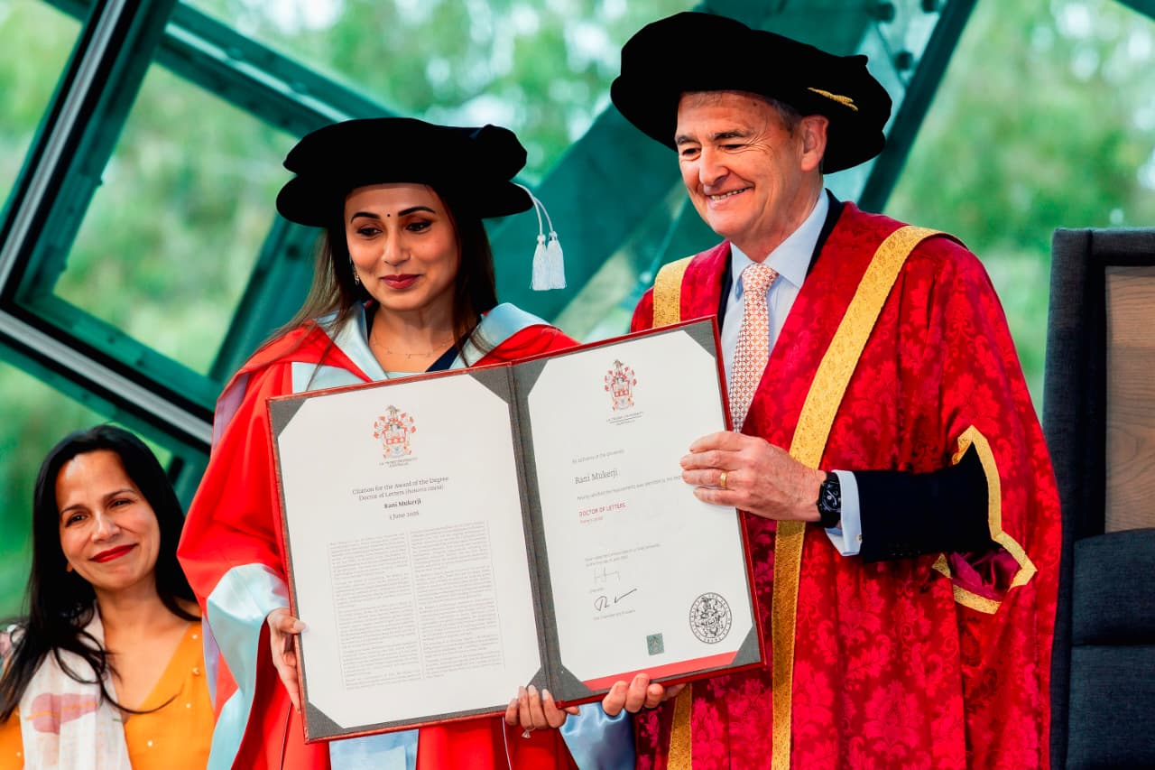 "Rani Mukerji receiving Honorary Doctorate Degree from La Trobe University at IFFM 2026 ceremony in Melbourne"