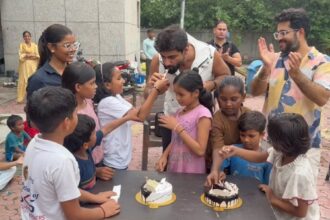 "Comedian Harsh Gujral celebrating Independence Day with NGO children in Noida, cutting cake and distributing chocolates"
