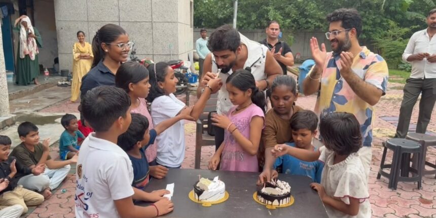 "Comedian Harsh Gujral celebrating Independence Day with NGO children in Noida, cutting cake and distributing chocolates"
