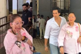 Sunita Ahuja and her son Yashvardhan Ahuja leaving Bandra Family Court after withdrawing divorce case against Govinda.