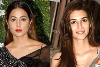 Split image featuring two female celebrities posing in different photographs.