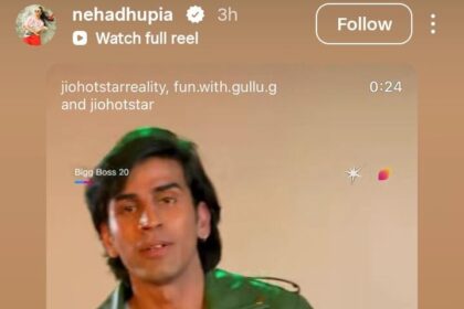 Instagram Story screenshot featuring a male celebrity in a green leather jacket, with a Bigg Boss 20 reference and a playful caption.
