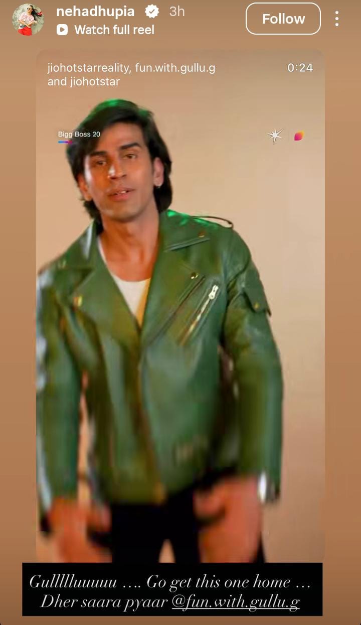 Instagram Story screenshot featuring a male celebrity in a green leather jacket, with a Bigg Boss 20 reference and a playful caption.